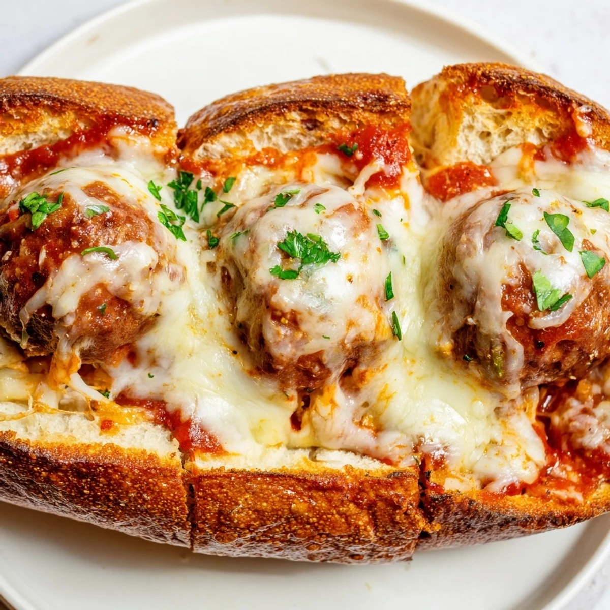 Golden brown meatballs nestled in toasted sub rolls with melted mozzarella cheese and rich marinara