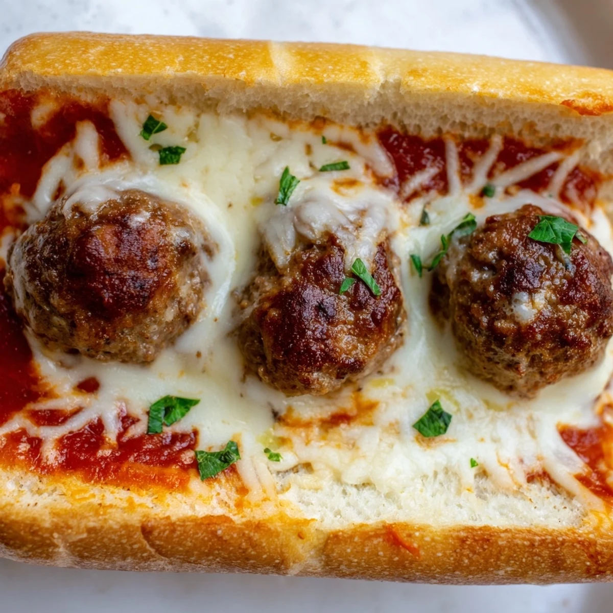 Italian-American meatball subs loaded with three tender beef meatballs and gooey mozzarella on toasted rolls