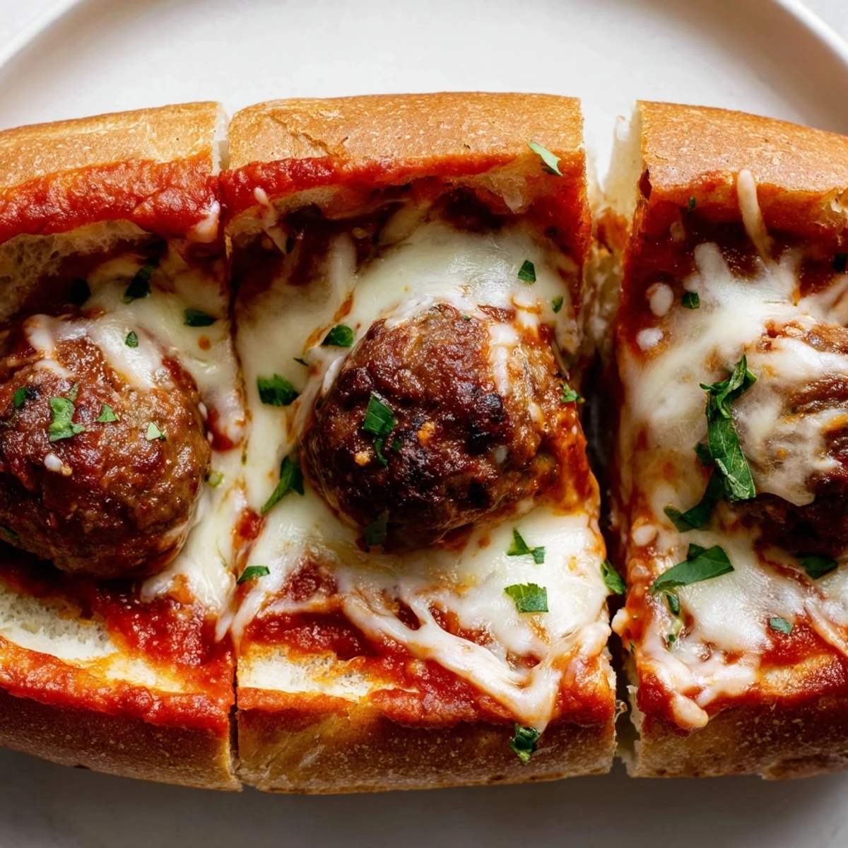 Savory cheesy meatball subs served hot with bubbling cheese and crusty garlic butter toasted bread