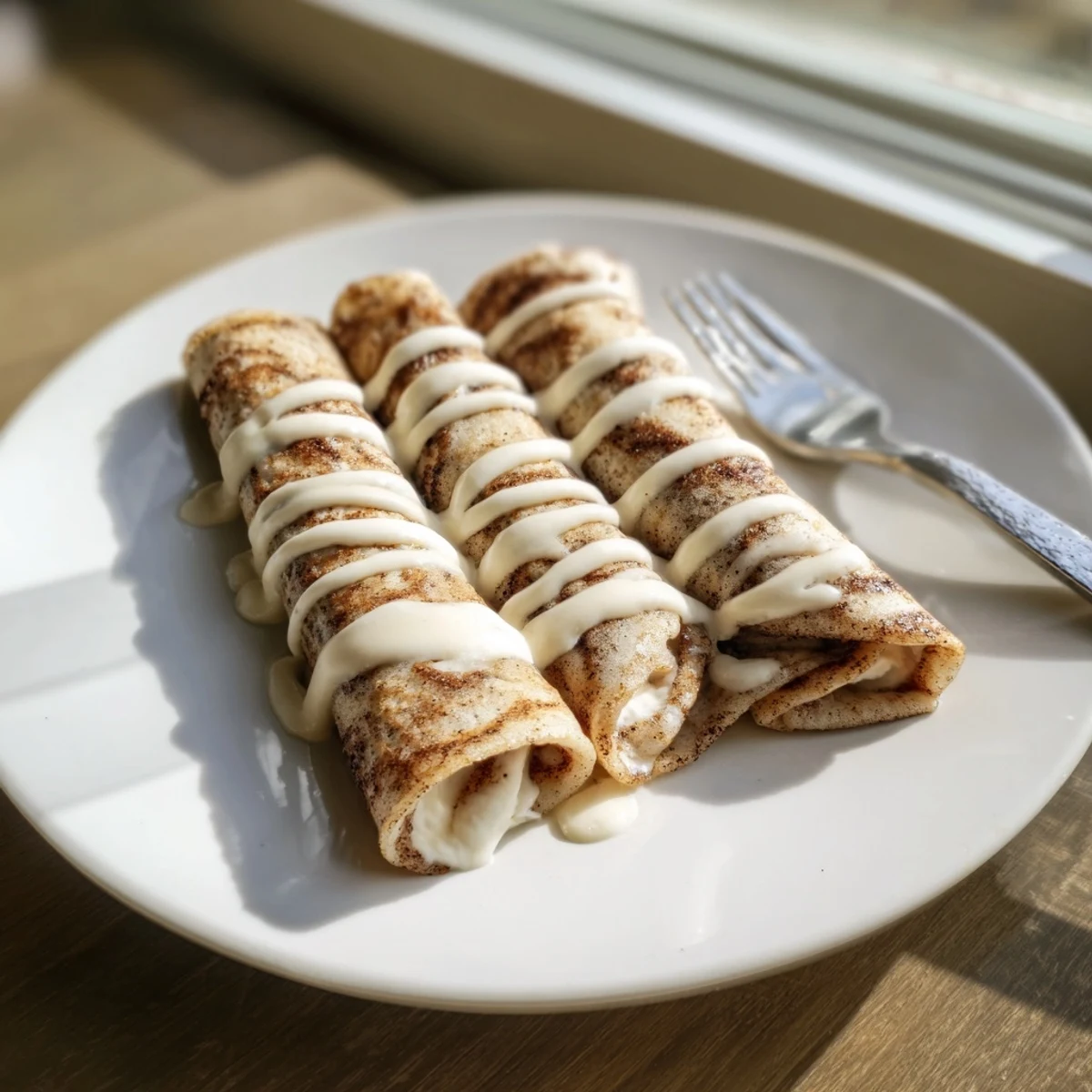 Thin cinnamon roll protein crepes rolled with creamy cinnamon swirl filling and powdered sugar glaze