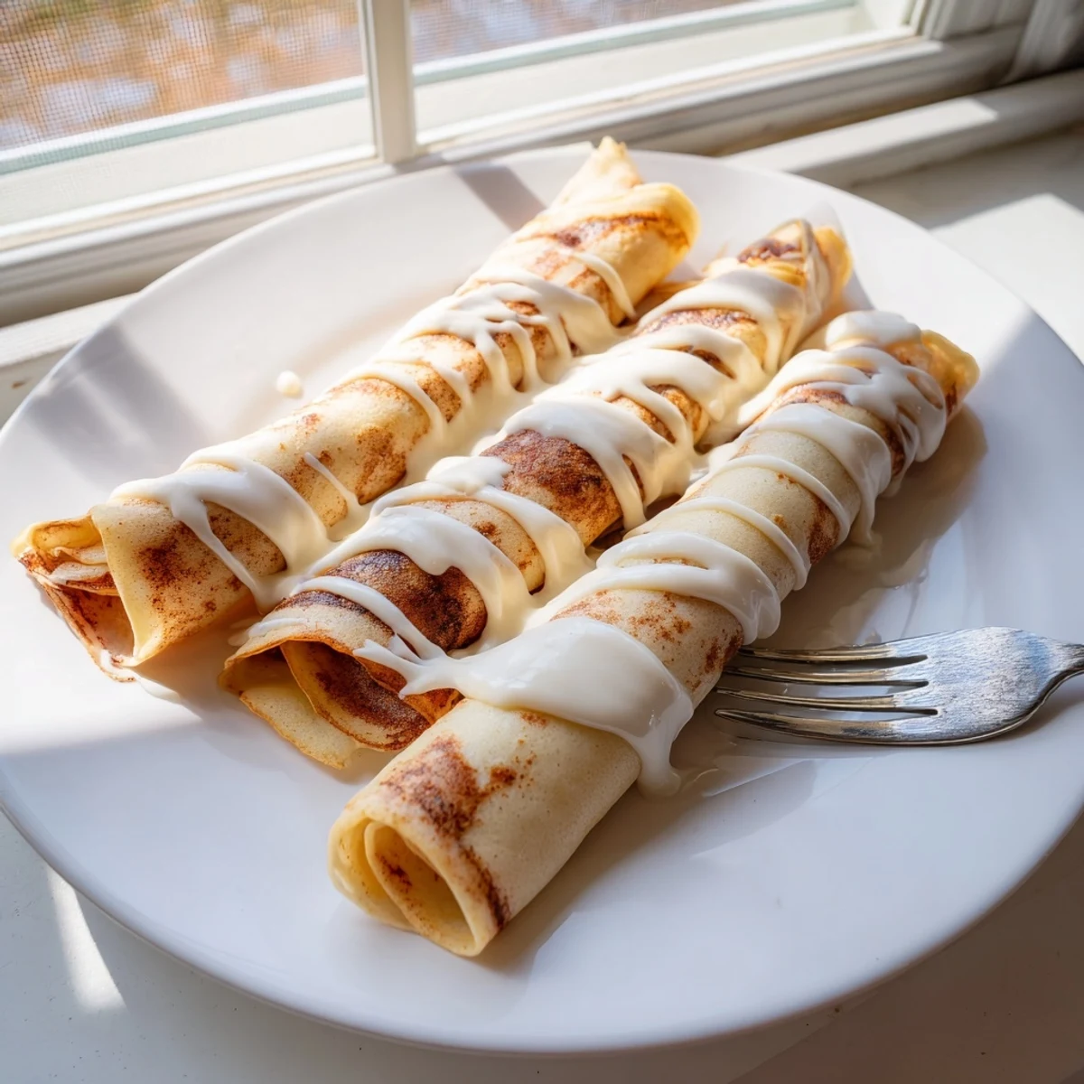 Golden cinnamon roll protein crepes drizzled with sweet vanilla glaze on a white plate