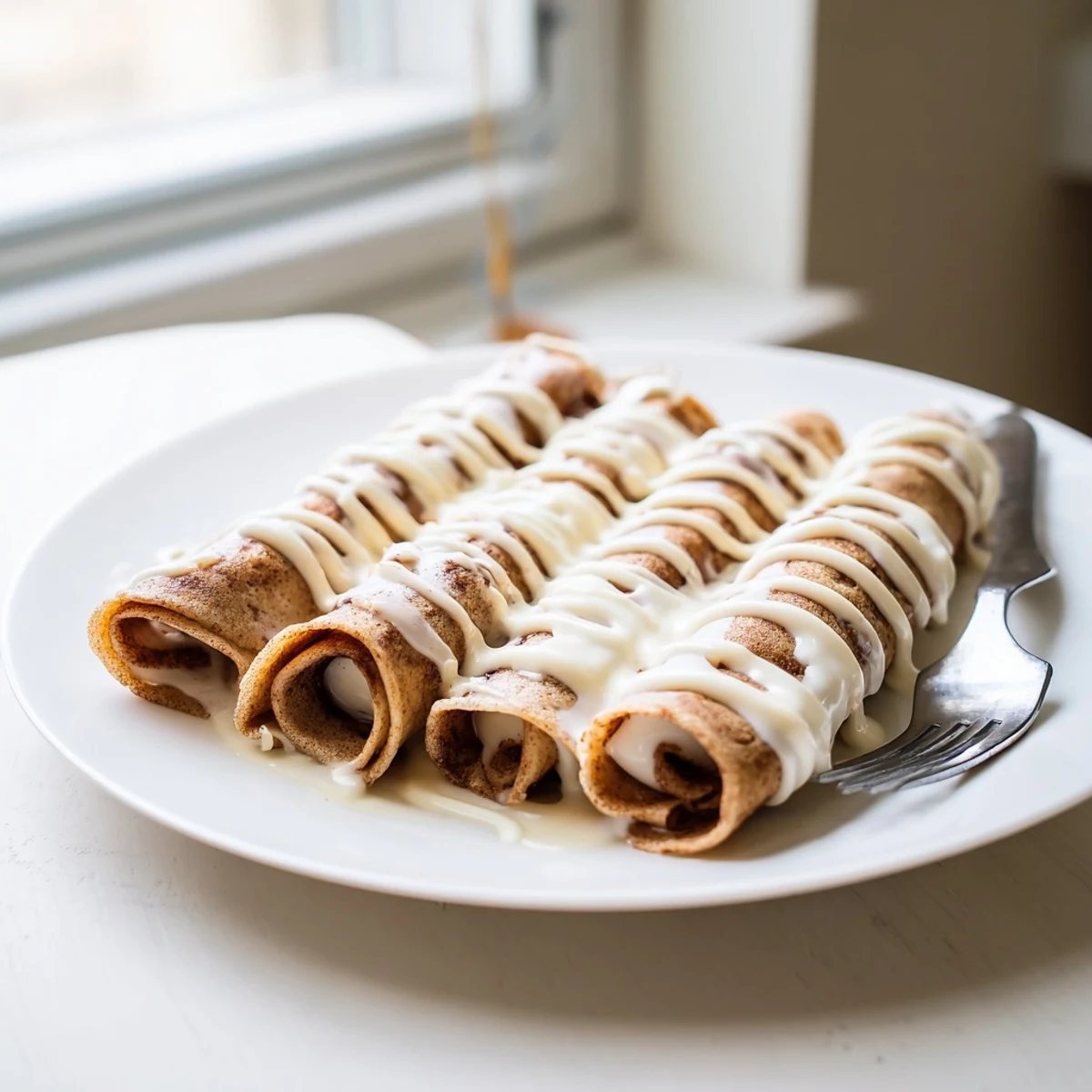 Stacked cinnamon roll protein crepes topped with cream cheese drizzle, served warm for breakfast