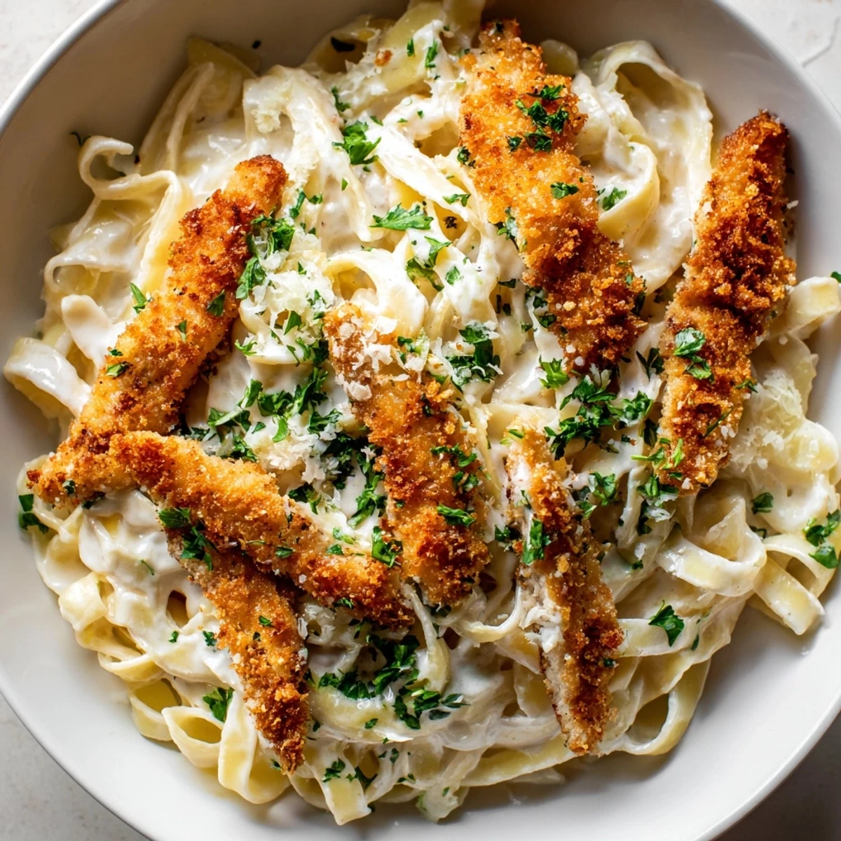 Crispy chicken Alfredo with golden breaded cutlets resting on creamy fettuccine topped with parsley