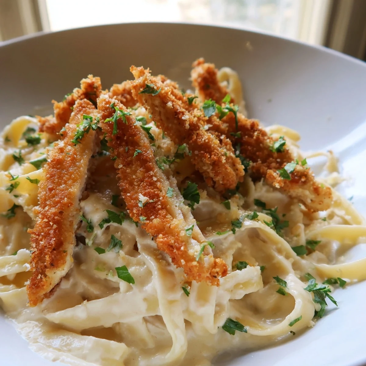 Creamy parmesan Alfredo pasta loaded with crunchy pan-fried chicken strips garnished with fresh herbs