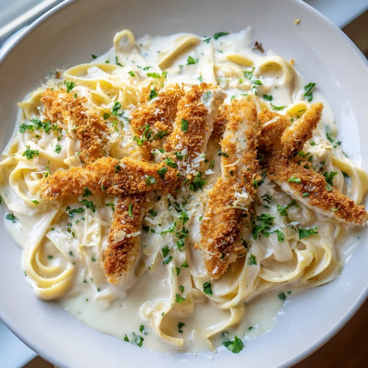 Golden crispy chicken Alfredo served over rich velvety cream sauce with steaming fettuccine noodles