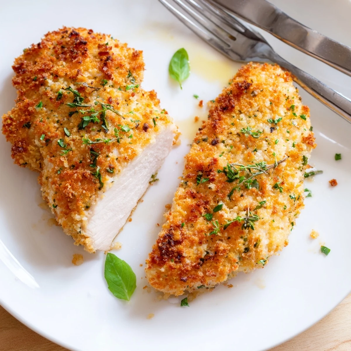 Golden baked Savory Herbed Parmesan Chicken with a crispy herb-crusted coating on a rustic baking sheet