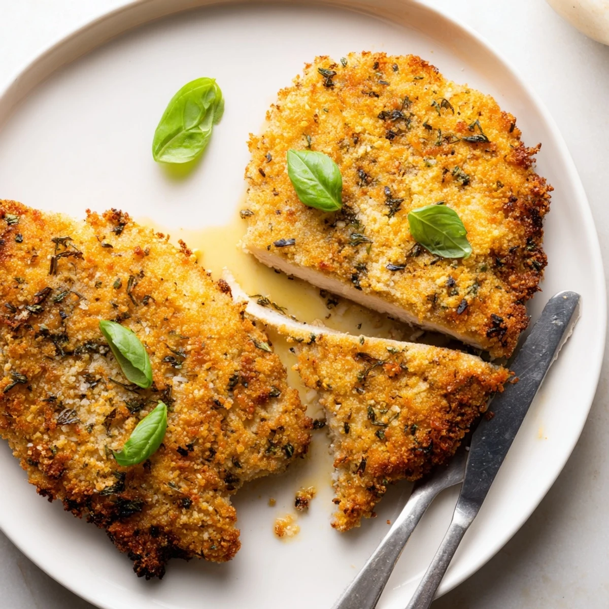 Savory Herbed Parmesan Chicken sliced open revealing juicy meat topped with melted cheese and fresh herbs