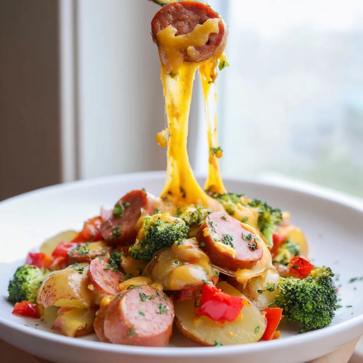 Creamy cheesy kielbasa skillet with tender potatoes and melted cheddar in cast iron pan