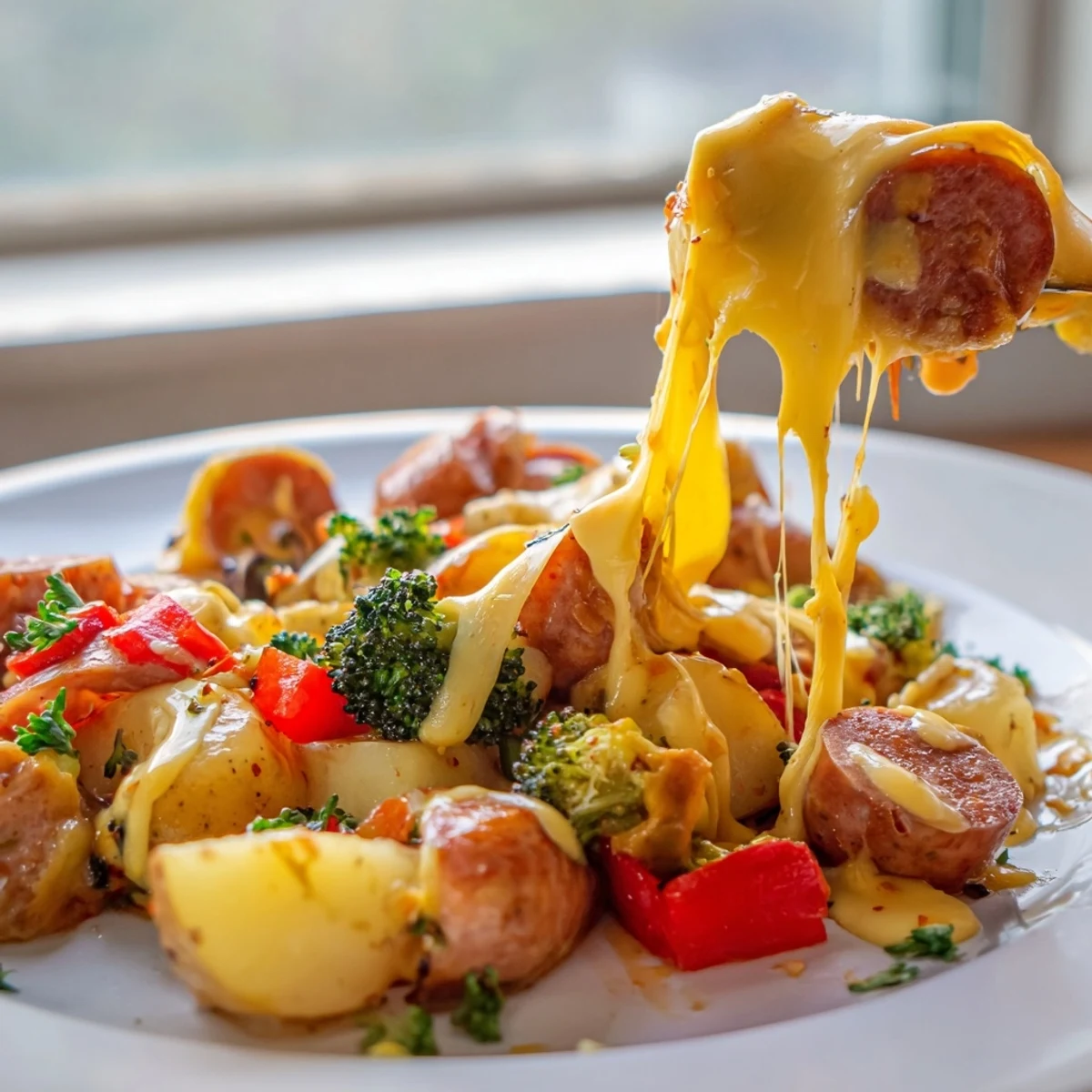 Smoky cheesy kielbasa skillet bubbling with colorful vegetables and golden browned sausage slices