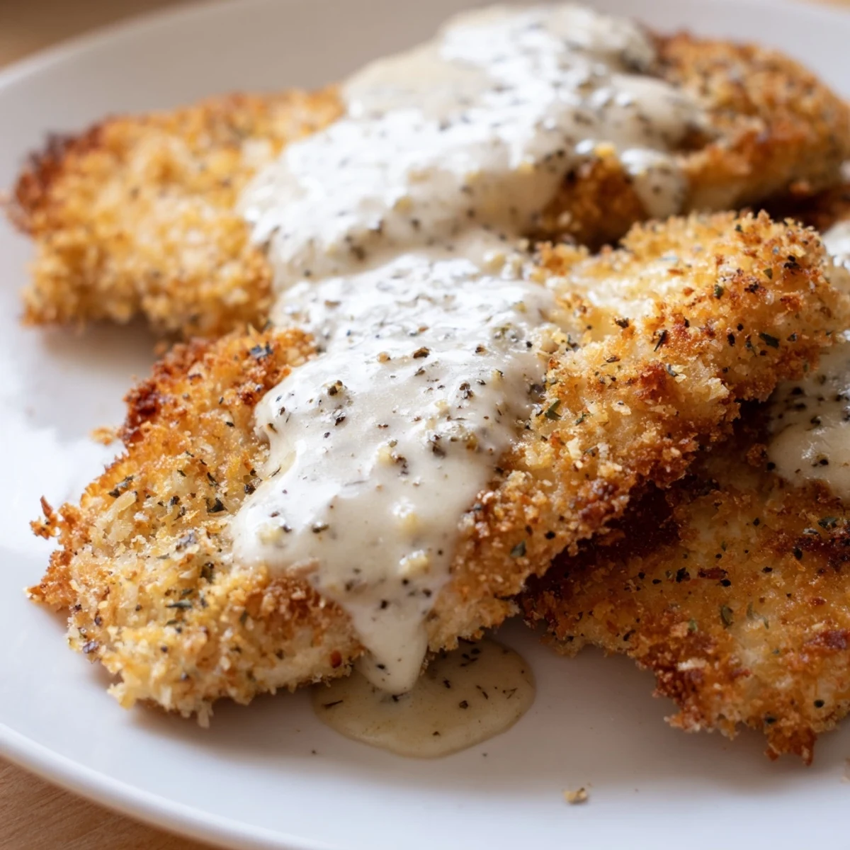 Golden crispy Parmesan chicken nestled in a pool of creamy garlic sauce.