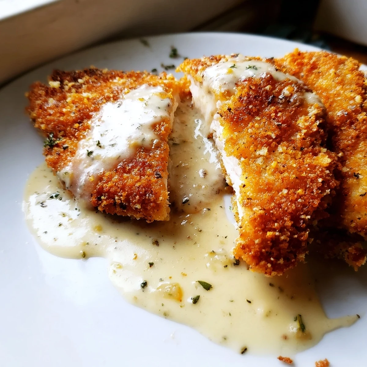 Crispy Parmesan chicken with creamy garlic sauce resting on a white dinner plate.