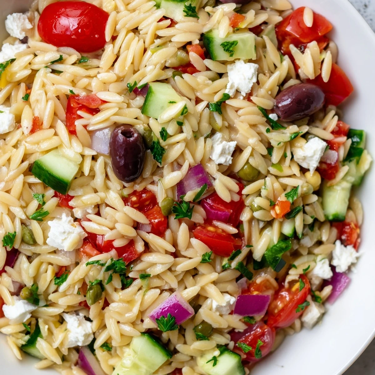 Colorful Mediterranean Orzo Pasta Salad in a rustic bowl with crumbled feta and fresh herbs