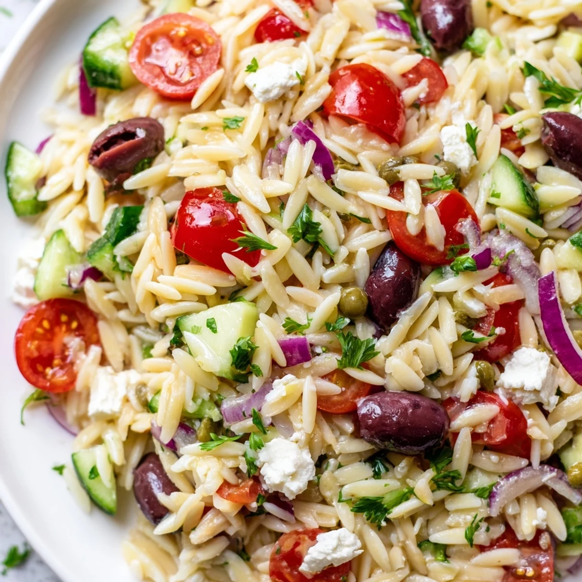 Juicy Mediterranean Orzo Pasta Salad topped with ripe tomatoes, briny olives, and creamy feta