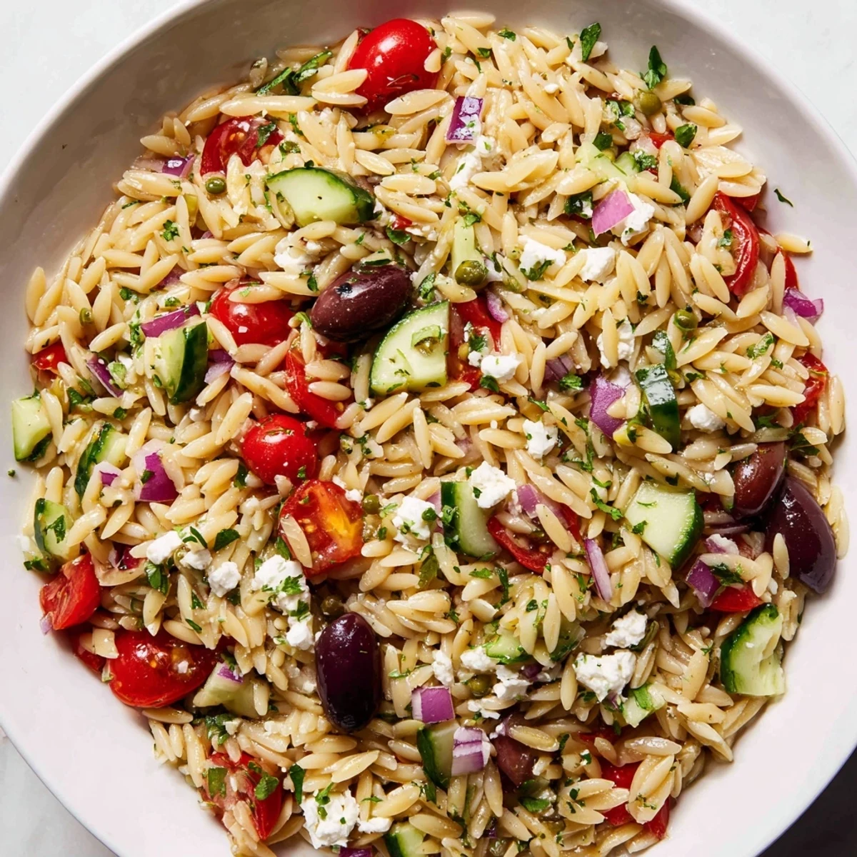 Bright Mediterranean Orzo Pasta Salad served chilled on a sunny patio with crisp vegetables
