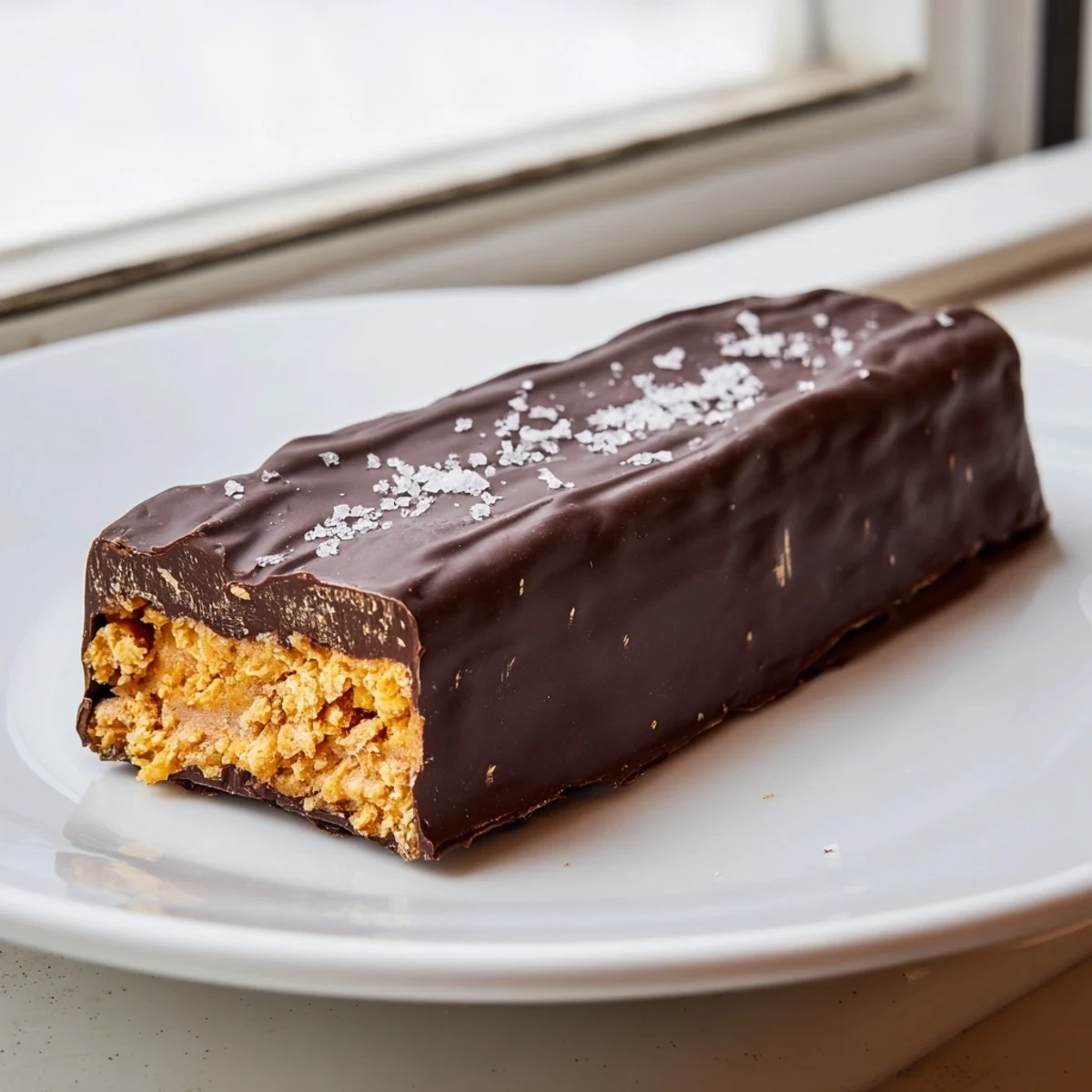 Crunchy Healthy Homemade Butterfingers dipped in glossy dark chocolate on parchment paper