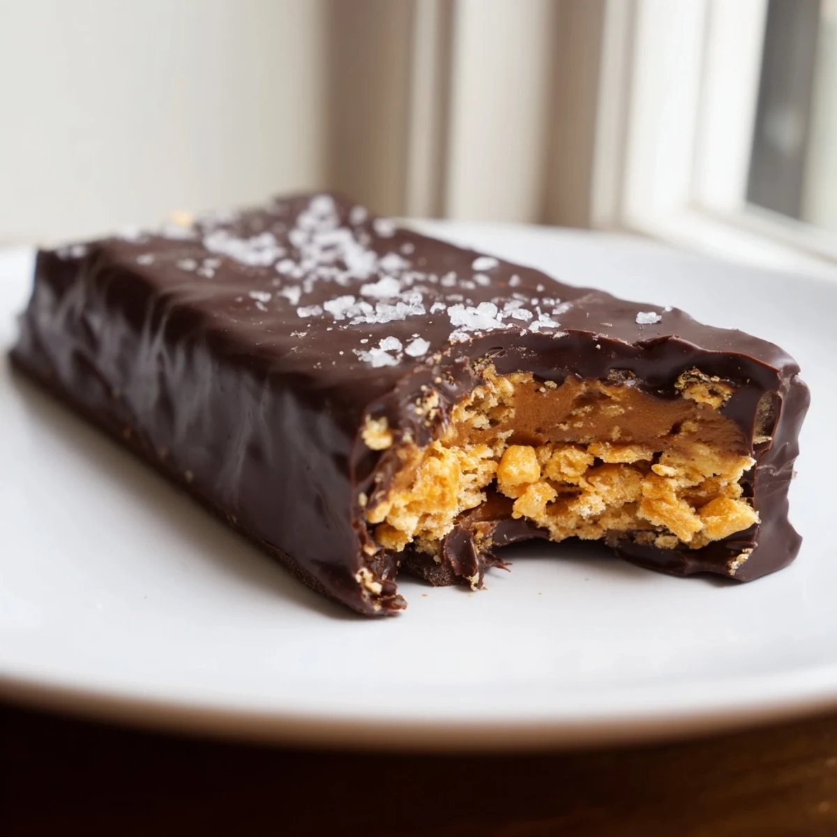 Golden peanut butter Healthy Homemade Butterfingers stacked on a rustic wooden cutting board
