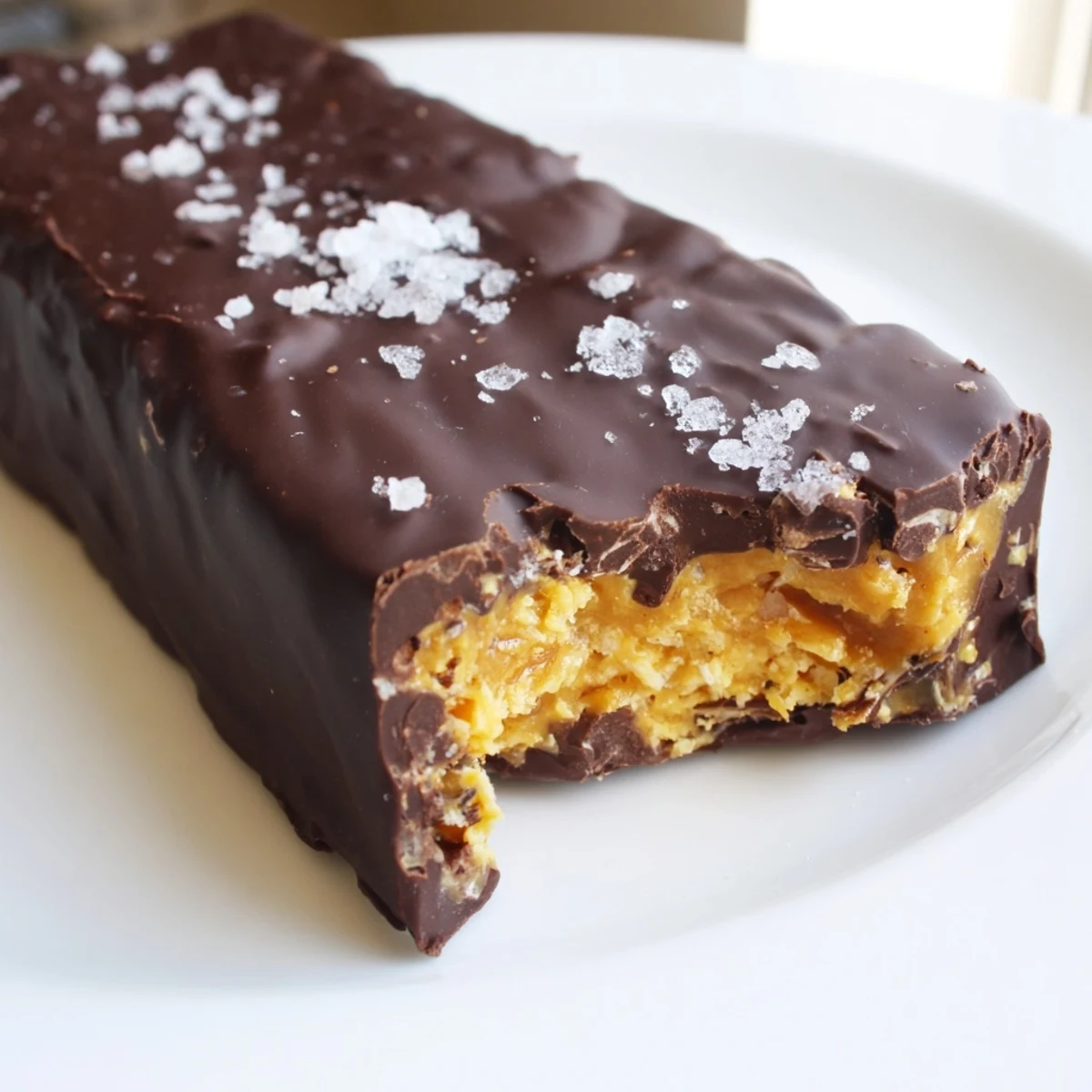 A plated Healthy Homemade Butterfingers bar with a crumbly peanut butter center and chocolate shell