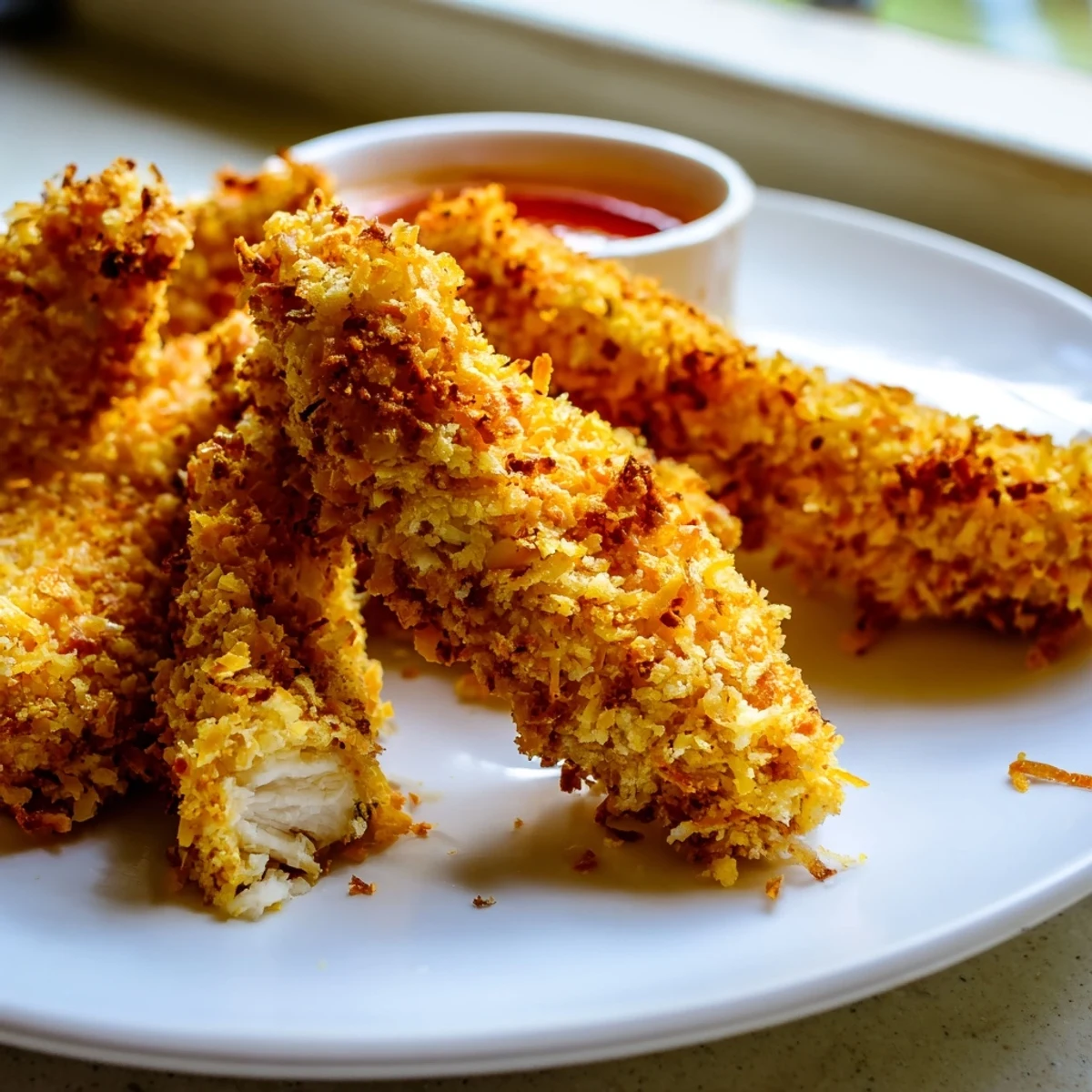 Golden crunchy coconut chicken strips arranged on a rustic wooden serving board