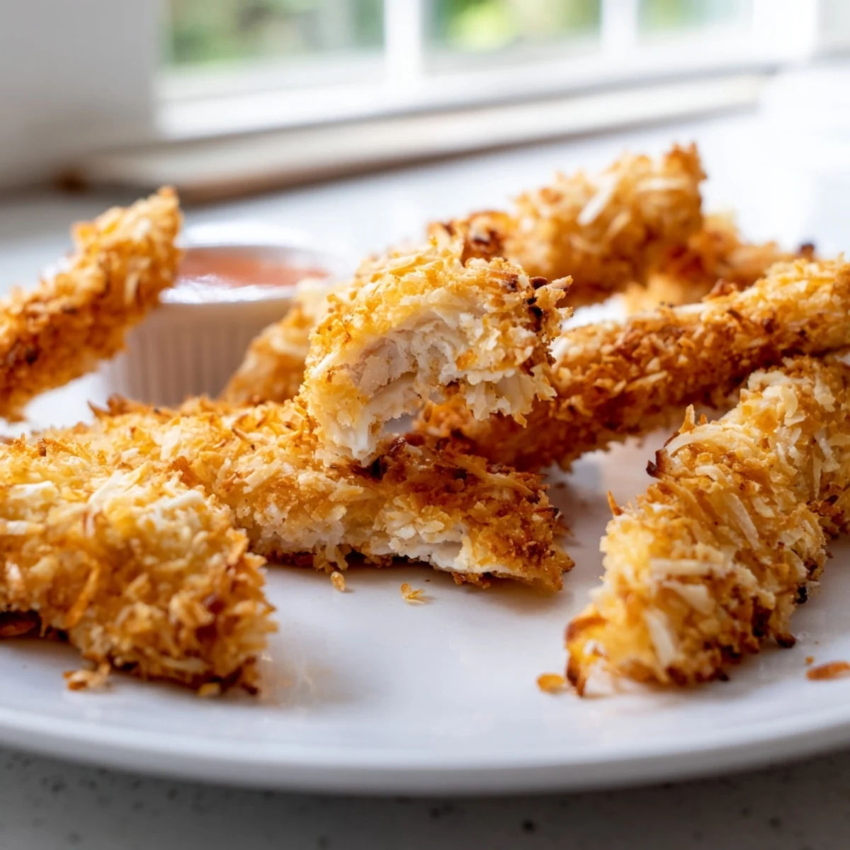 Crispy coconut chicken tenders stacked beside a vibrant sweet chili dipping sauce