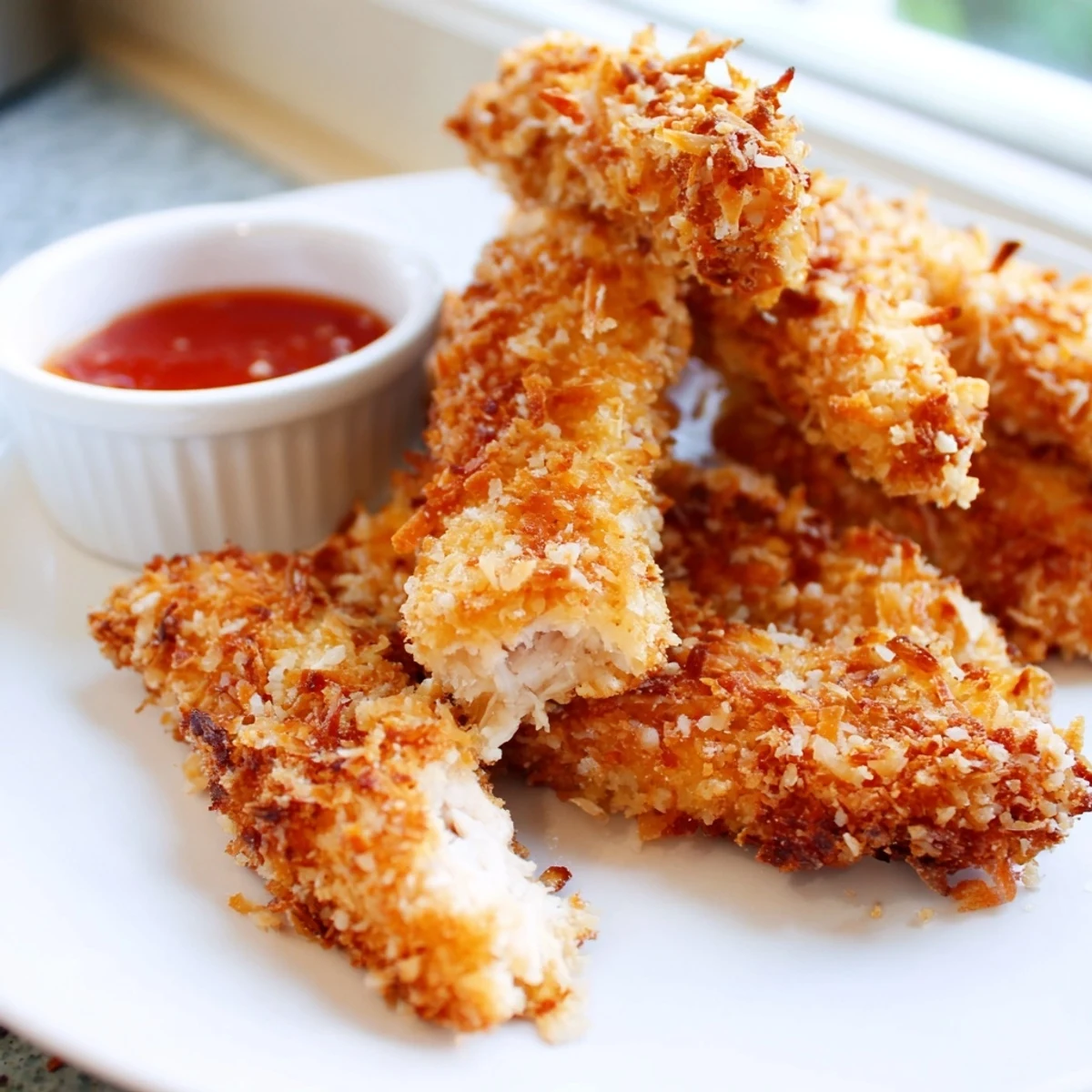Crunchy coconut chicken fresh from the skillet with a golden toasted crust
