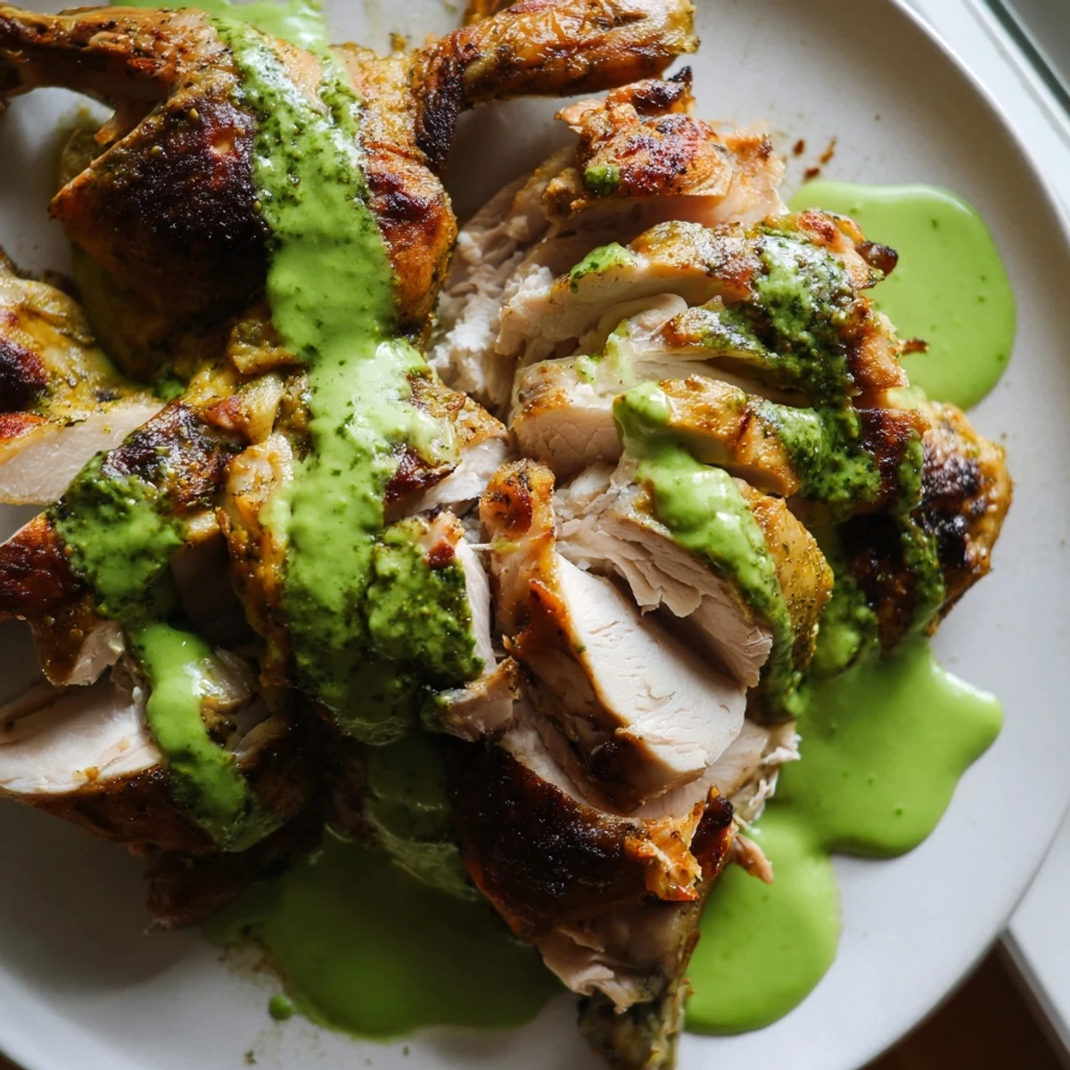 Juicy sliced Peruvian Chicken Delight drizzled with vibrant creamy cilantro green sauce.