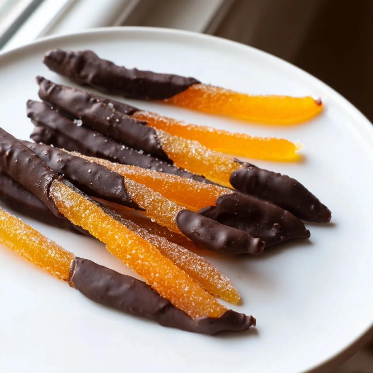 Glossy chocolate covered orange peels arranged on parchment paper with rich dark coating
