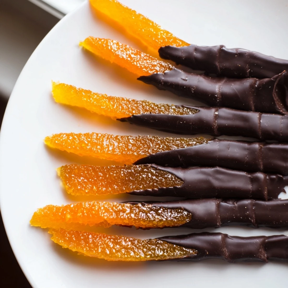 Chocolate covered orange peels glistening with a glossy finish beside a steaming espresso cup