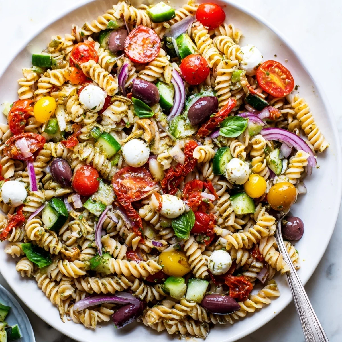 Colorful vegetarian Italian pasta salad tossed with ripe tomatoes and fresh mozzarella