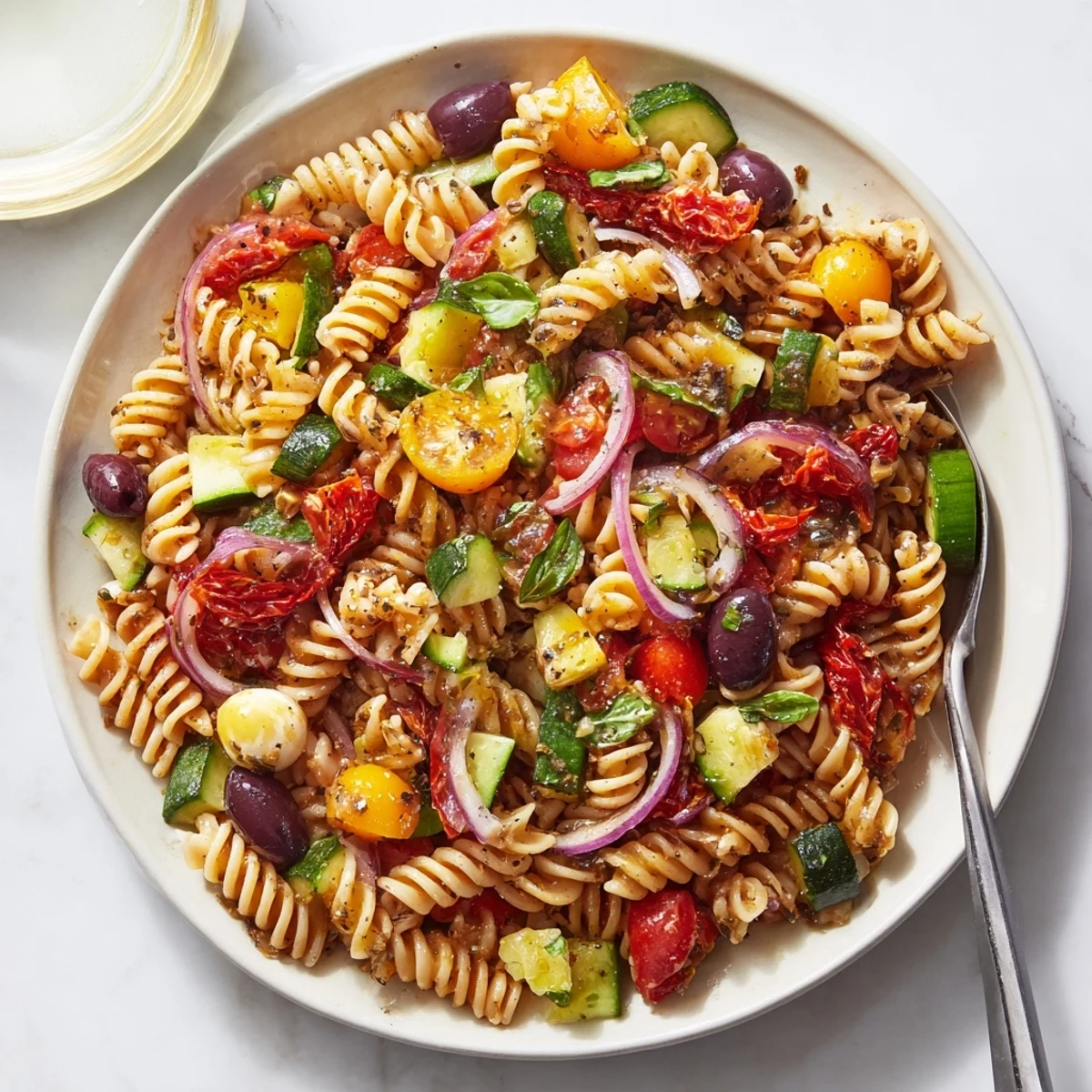 Vegetarian Italian pasta salad drizzled with herb vinaigrette in a rustic serving bowl