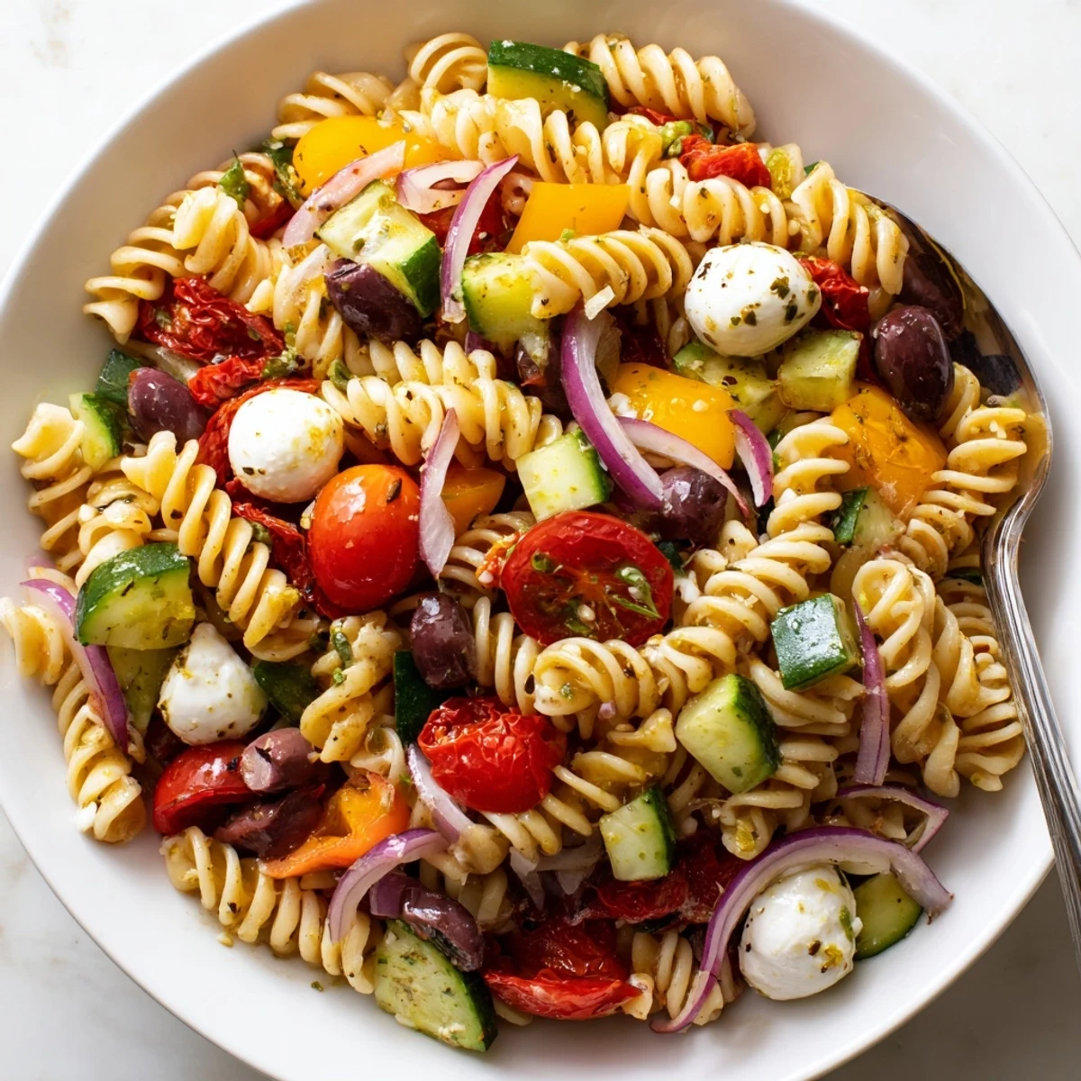 Bright vegetarian Italian pasta salad with bell peppers olives and torn basil leaves