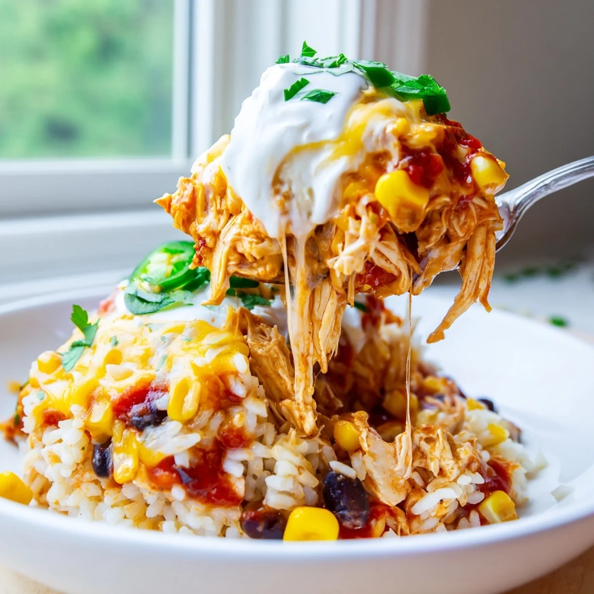 Golden bubbling chicken burrito casserole topped with melted cheddar and fresh cilantro