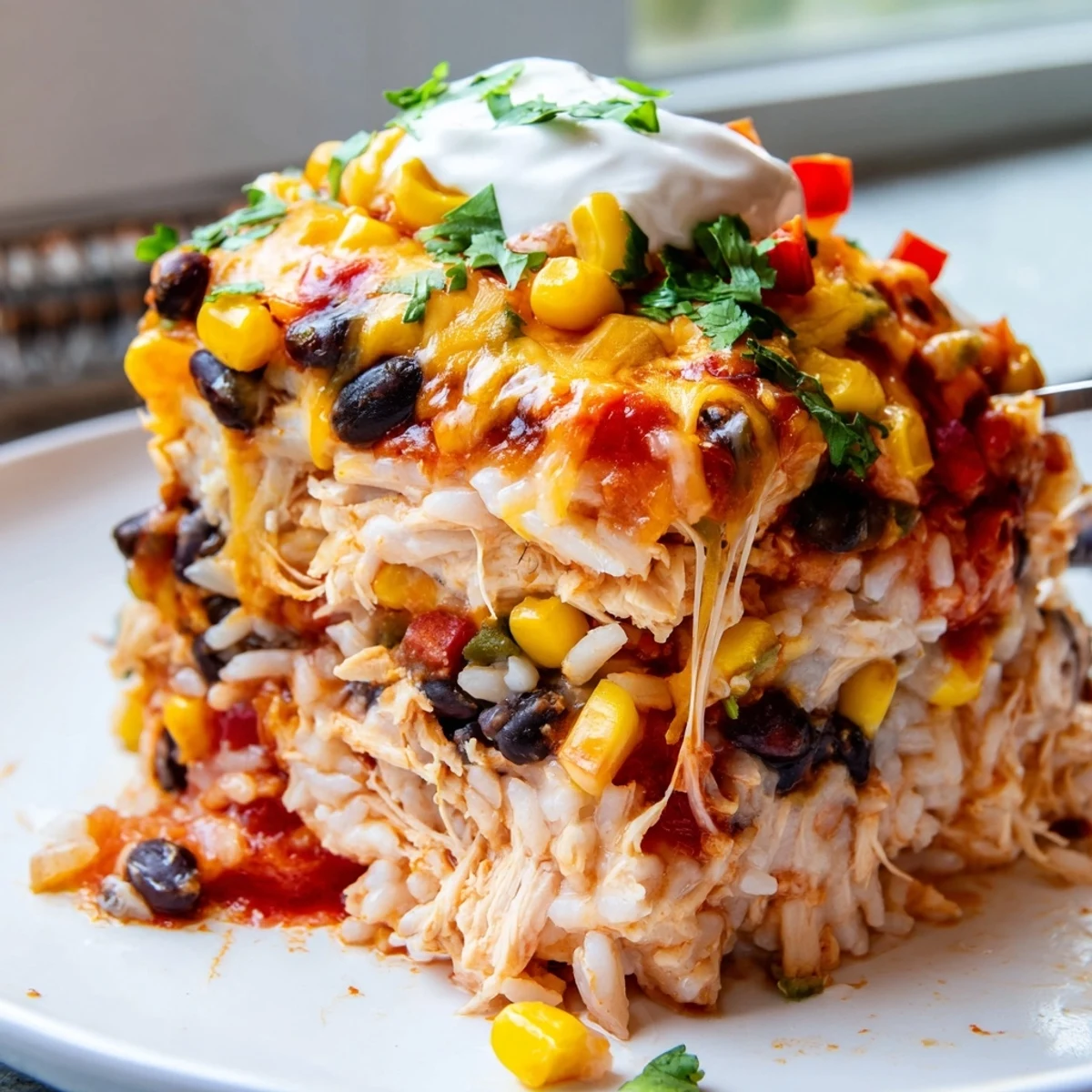 Steaming scoop of chicken burrito casserole on a plate garnished with jalapeños and sour cream