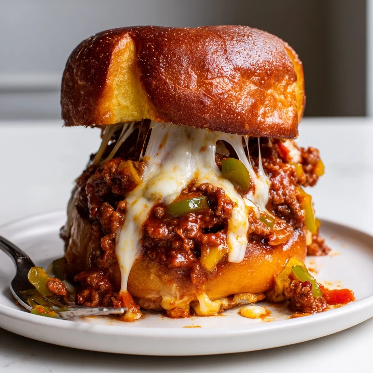 Cheesy Philly Sloppy Joes piled high on golden toasted brioche buns with melted provolone