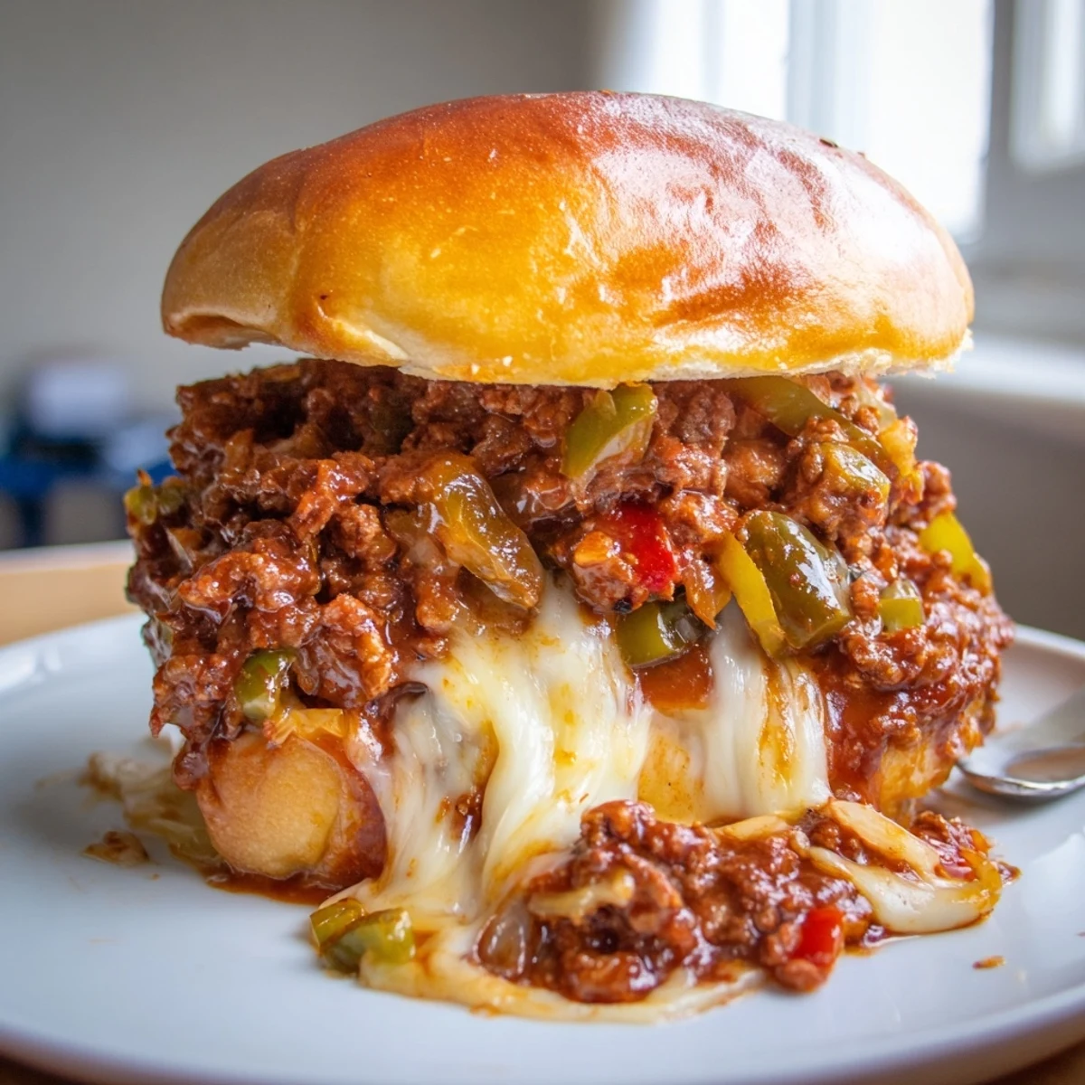 Hearty Cheesy Philly Sloppy Joes with colorful bell peppers and gooey melted cheese sauce