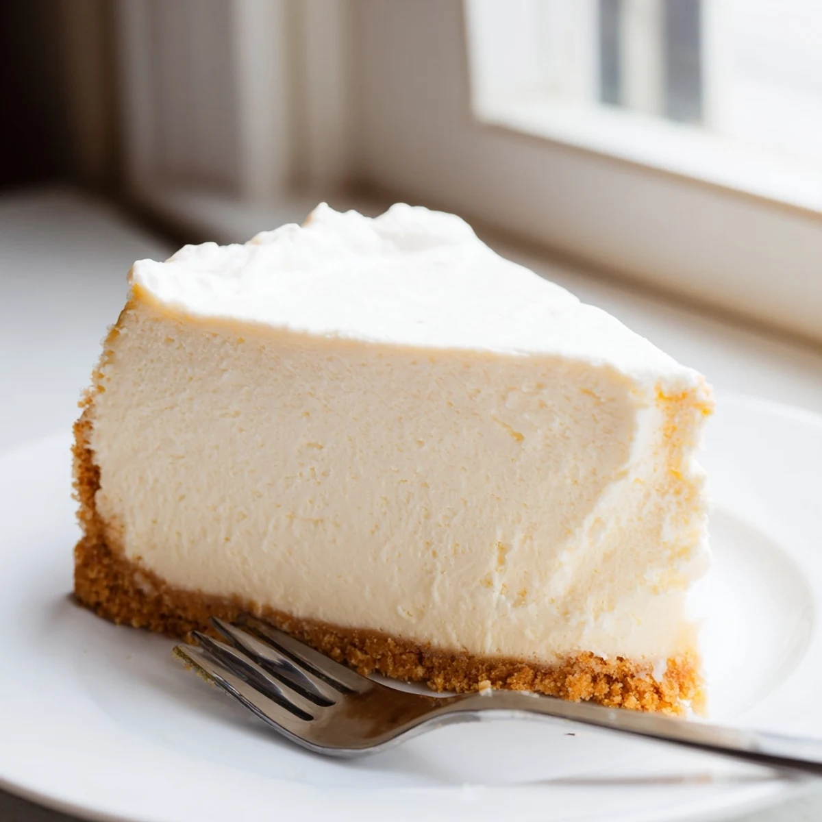 Creamy cheesecake with golden graham cracker crust on a white dessert plate