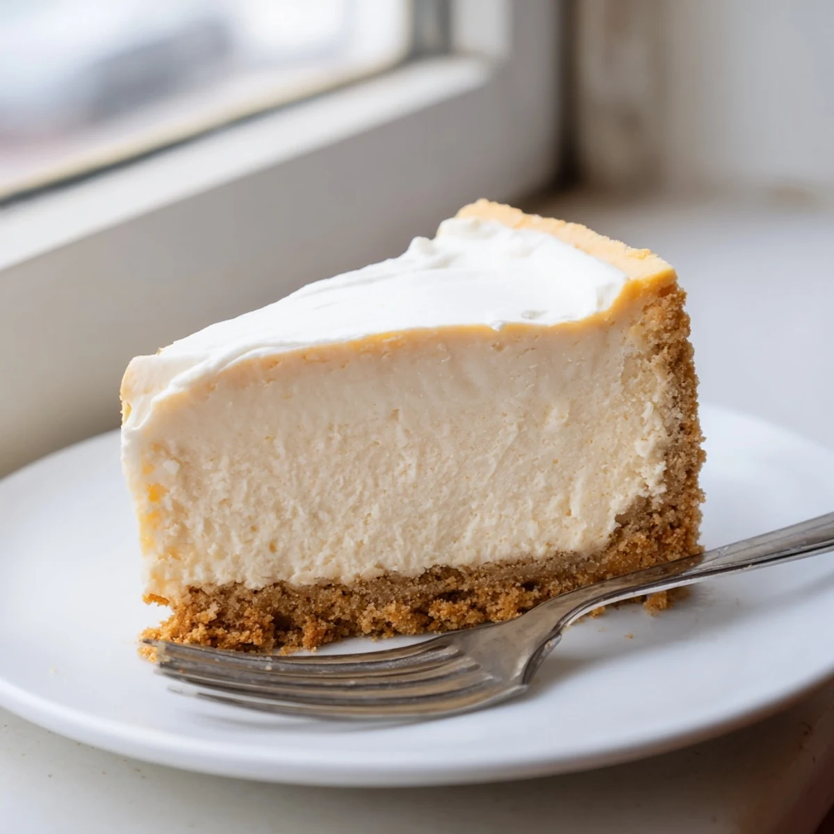 Classic American cheesecake resting on a rustic wooden cutting board, ready to serve