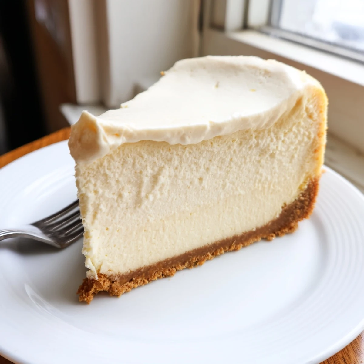 Silky slice of homemade cheesecake topped with glossy sour cream layer