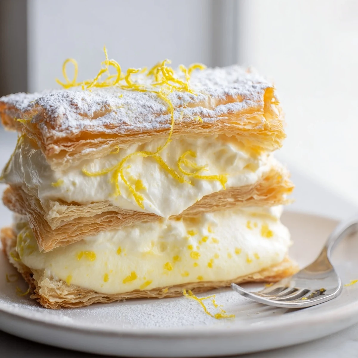 Golden puff pastry layers filled with creamy lemon ricotta mille feuille dusted with powdered sugar