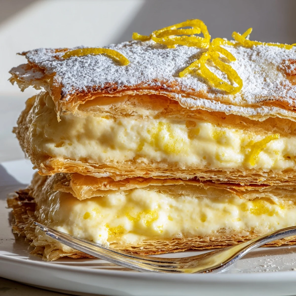 Crisp lemon ricotta puff pastry mille feuille topped with snowy powdered sugar and citrus zest