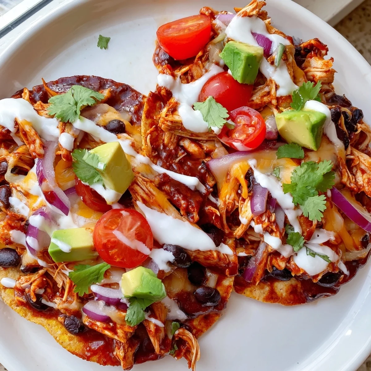 Crispy sweet smoky BBQ chicken tostadas piled high with melted cheddar and fresh avocado