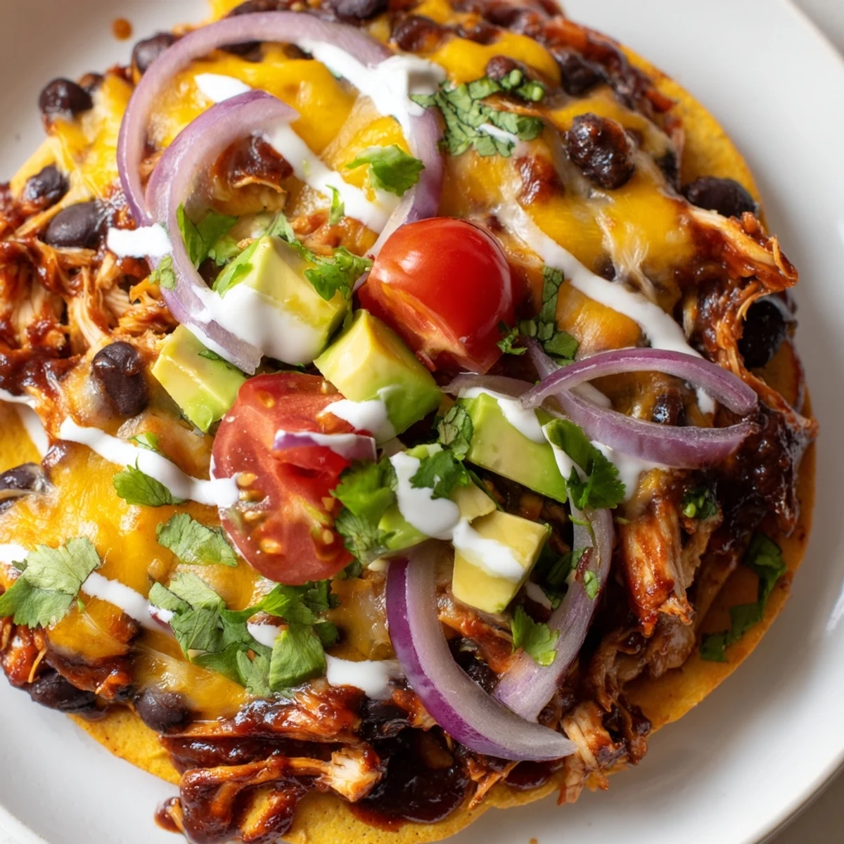 Golden tostada shells loaded with tender BBQ chicken, diced tomatoes, and cool sour cream
