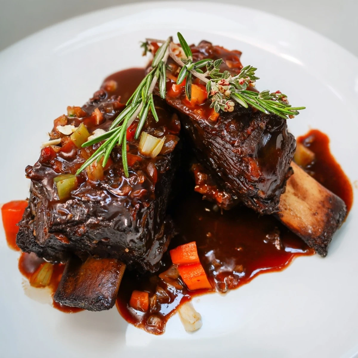 Fall-off-the-bone braised beef short ribs nestled in a rich red wine sauce with carrots