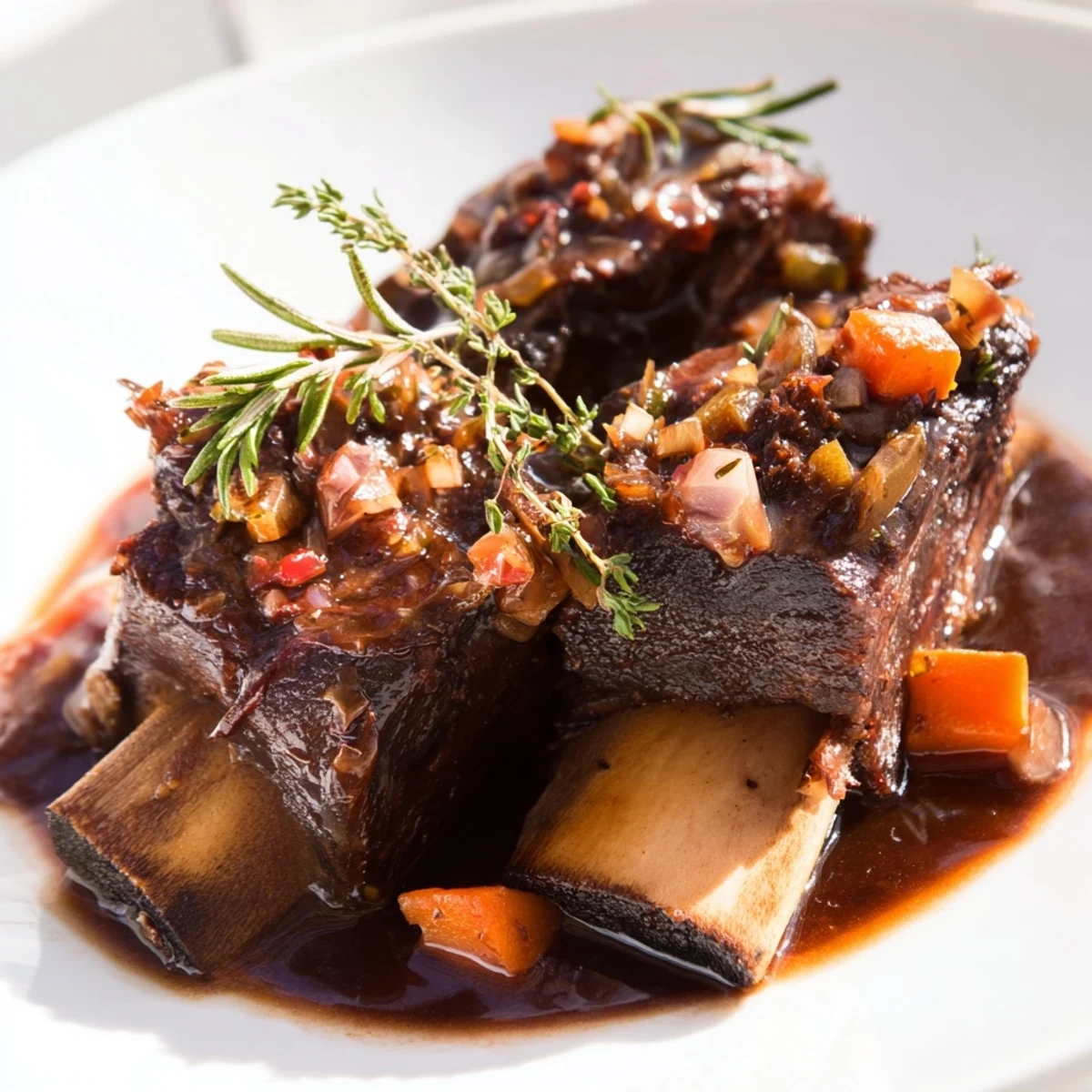 Tender oven braised beef short ribs served over creamy mashed potatoes with herb gravy