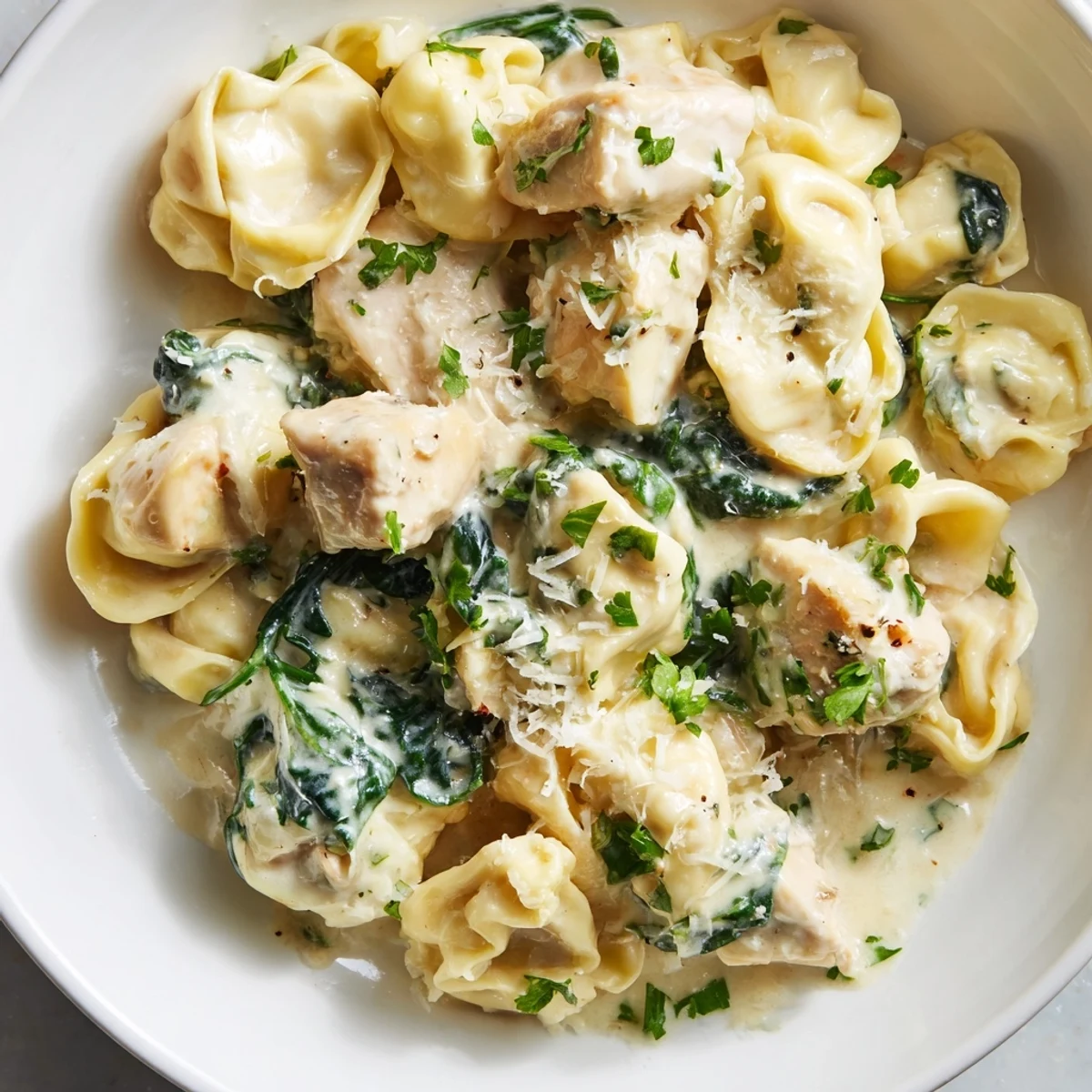 Creamy garlic chicken tortellini with spinach in a velvety white Parmesan sauce