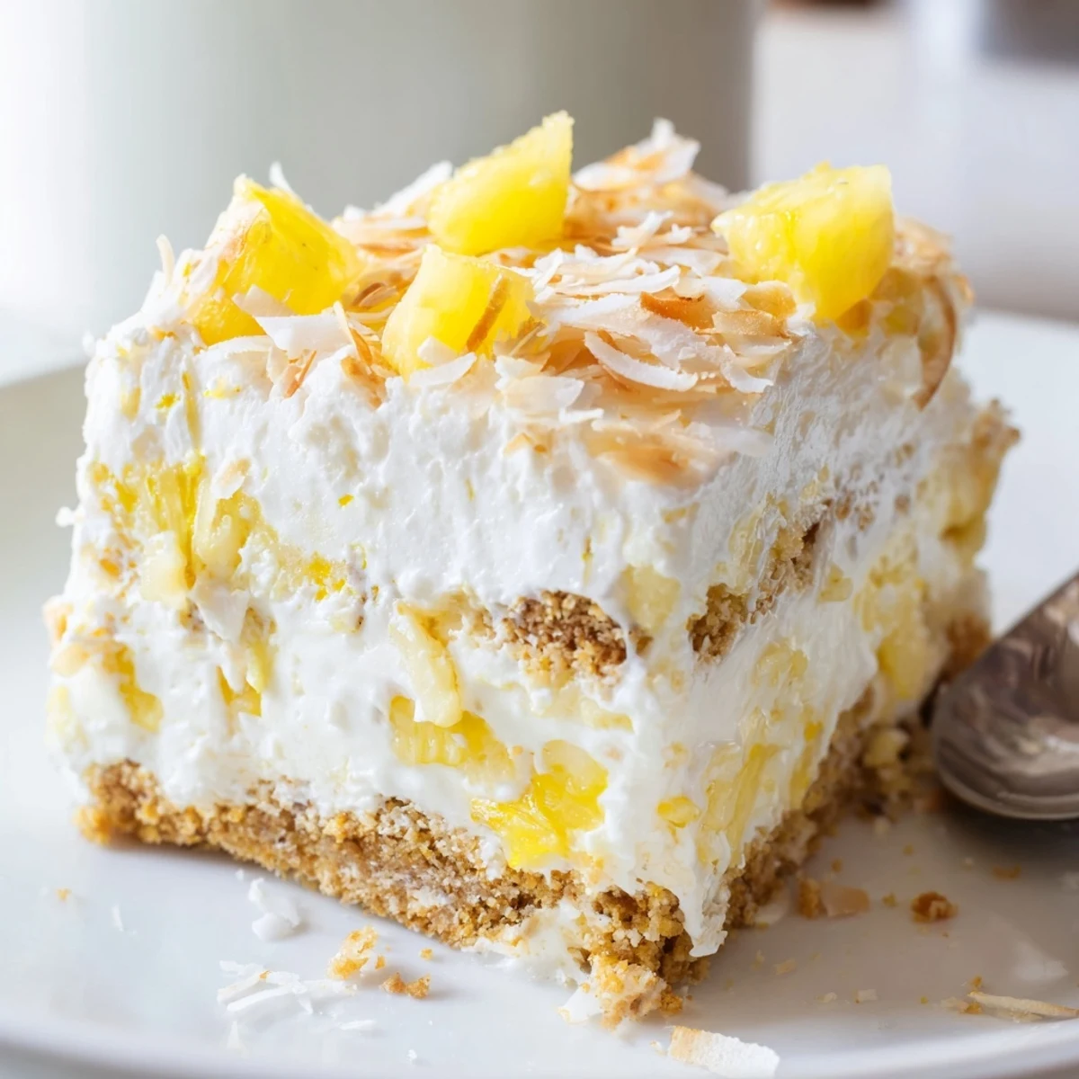 Creamy No Bake Pineapple Coconut Cream Cake sliced and garnished with toasted coconut flakes