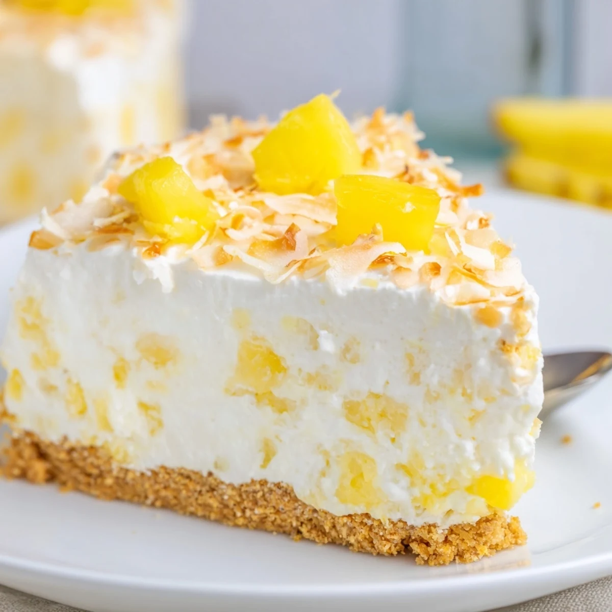 No Bake Pineapple Coconut Cream Cake topped with juicy pineapple on a golden graham crust