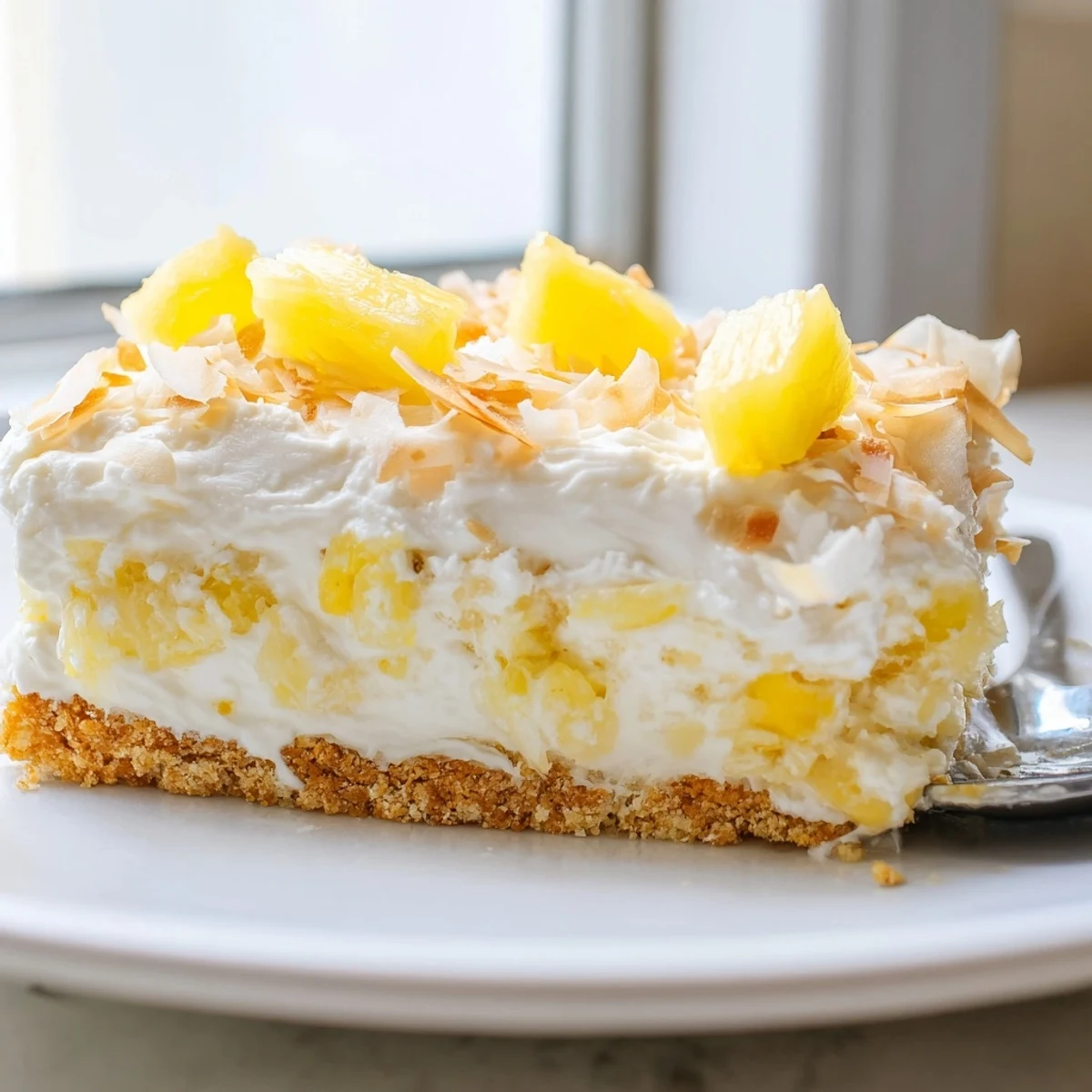 Chilled No Bake Pineapple Coconut Cream Cake showing off fluffy white filling and tropical fruit