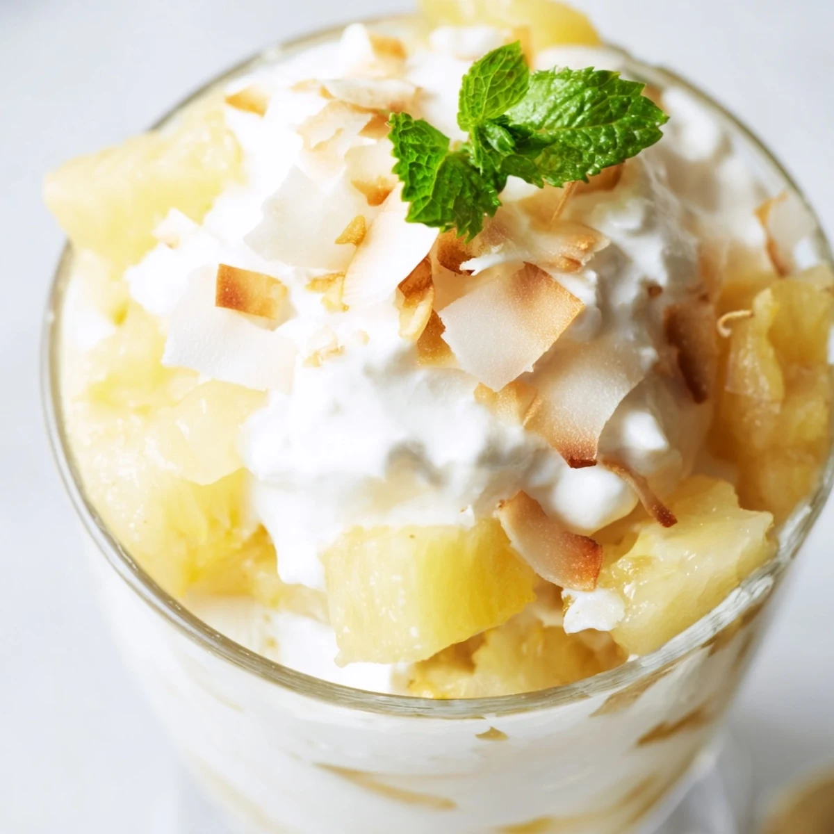 Creamy mini pineapple condensed coconut milk desserts topped with toasted golden coconut flakes