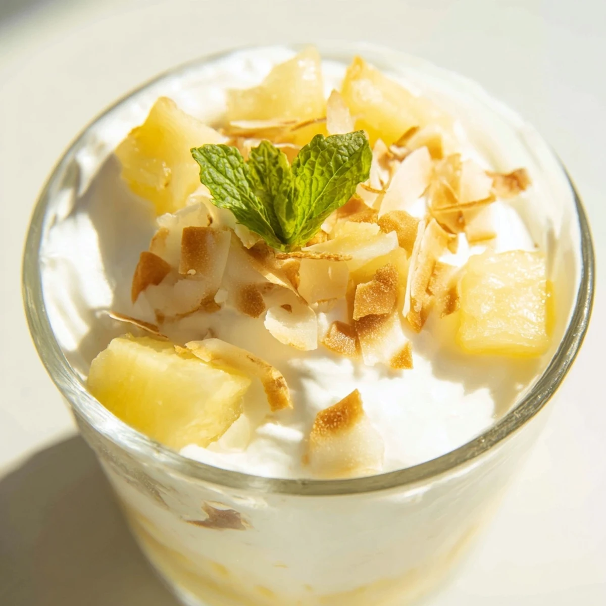 Sweet condensed coconut milk pooled over fresh diced pineapple in elegant mini glasses