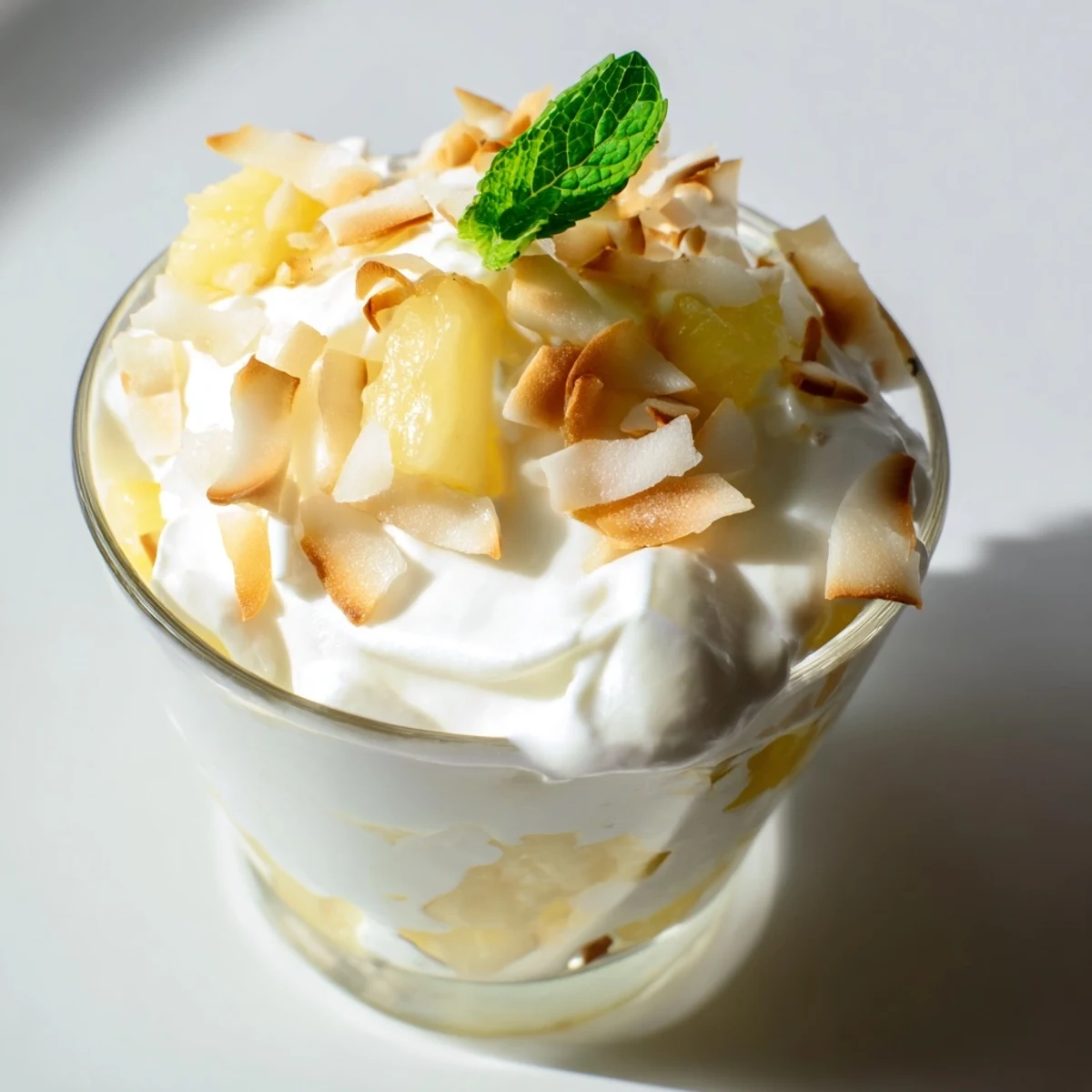 Mini pineapple condensed coconut milk cups garnished with bright mint leaves and creamy drizzle